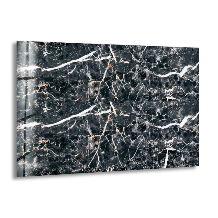 Black marble glass wall art featuring bold white veining in a modern abstract pattern.