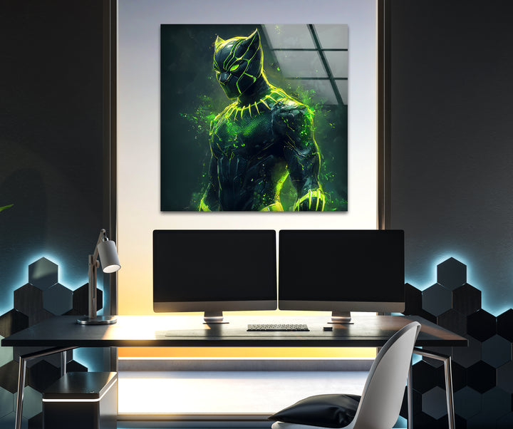 Green Fiery Black Panther Glass Wall Art glass photo prints, glass picture prints