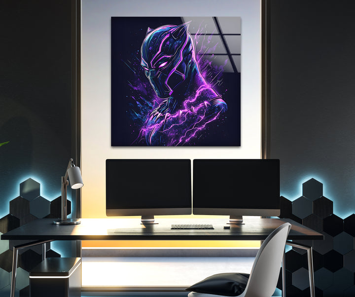 Lila Blitz mit schwarzem Panther als Wandbild aus Glas