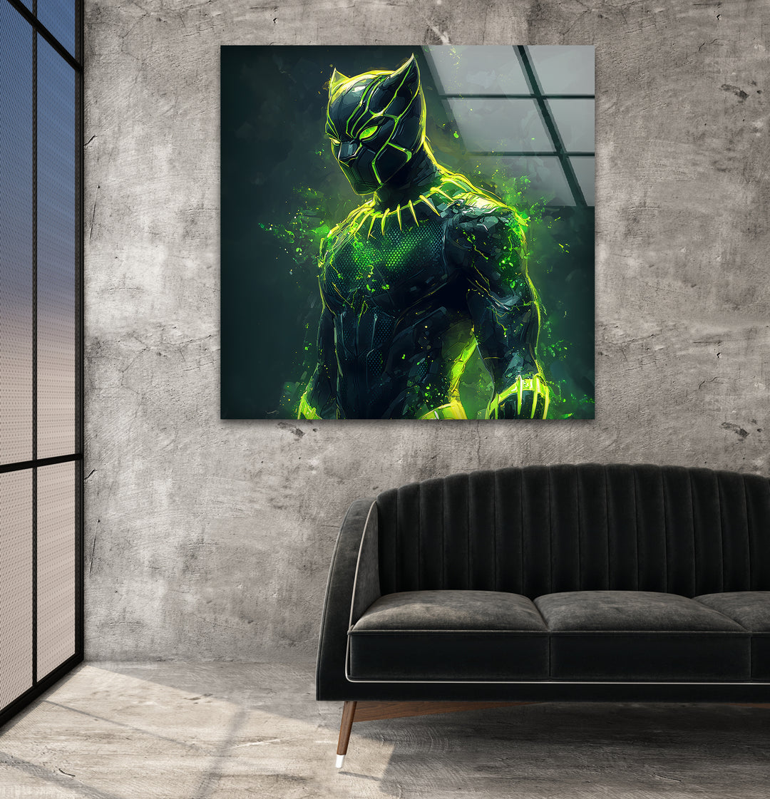 Green Fiery Black Panther Glass Wall Art custom glass pictures, glass art prints