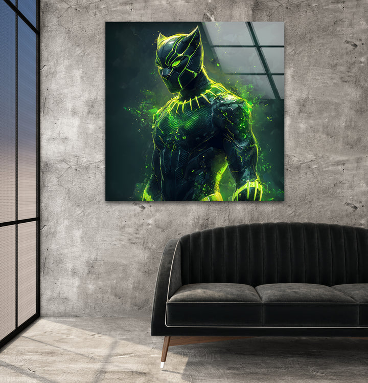Green Fiery Black Panther Glass Wall Art custom glass pictures, glass art prints