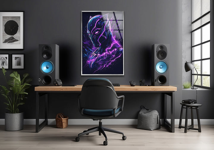 Lila Blitz mit schwarzem Panther als Wandbild aus Glas