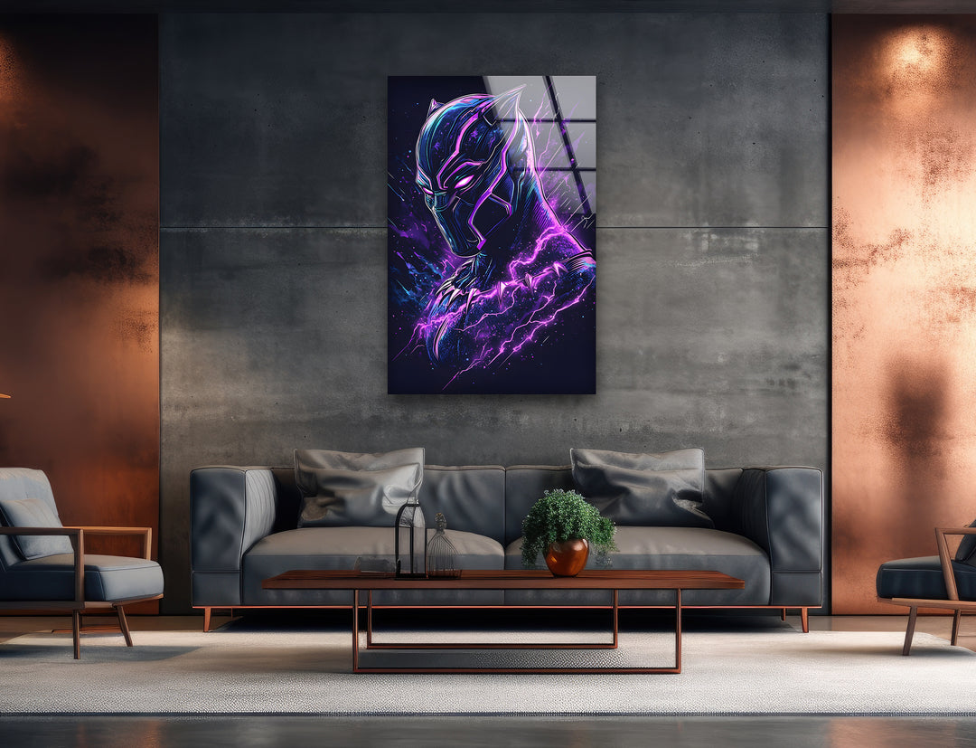 Lila Blitz mit schwarzem Panther als Wandbild aus Glas