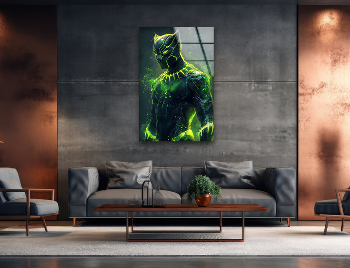 Green Fiery Black Panther Glass Wall Art glass pictures for Wall, glass prints wall art