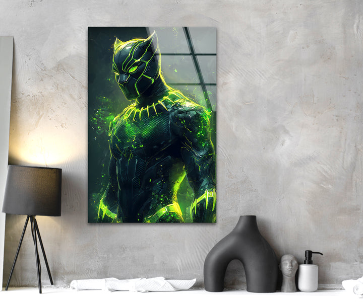 Green Fiery Black Panther Glass Wall Art print on glass, glass printed photos
