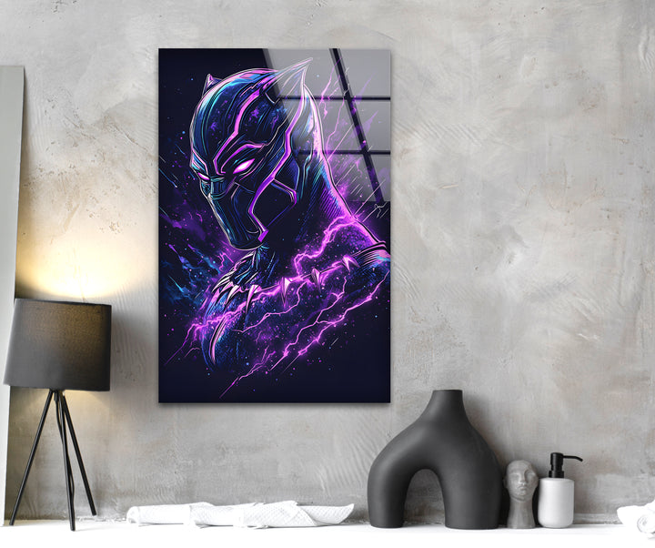 Lila Blitz mit schwarzem Panther als Wandbild aus Glas