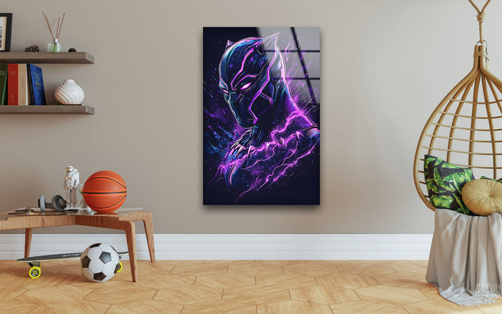 Lila Blitz mit schwarzem Panther als Wandbild aus Glas