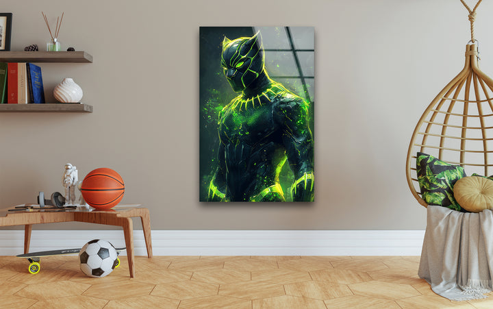 Green Fiery Black Panther Glass Wall Art picture on glass wall art, photos printed on glass