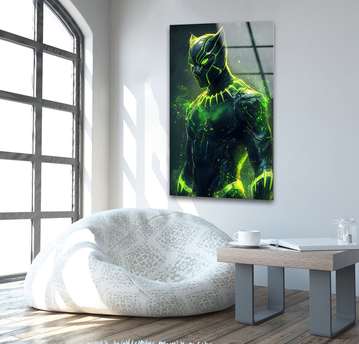 Green Fiery Black Panther Glass Wall Art custom glass photo prints, large glass prints