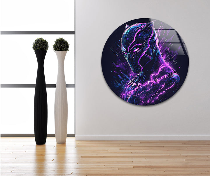 Lila Blitz mit schwarzem Panther als Wandbild aus Glas