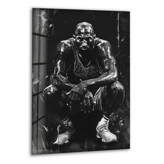 Black Kobe Bryant glass wall art shows an athlete and is perfect for basketball fans and showcases iconic mamba moments and is sports art for every basketball fan