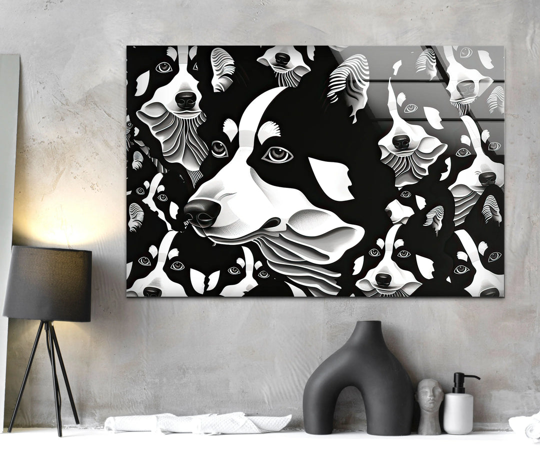 Abstract black and white dog illustration featuring multiple husky portraits for modern home decor.