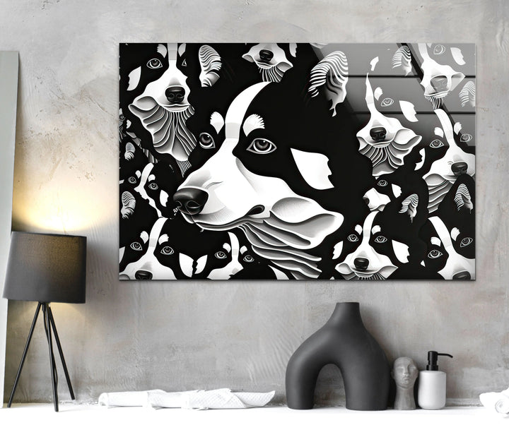 Abstract black and white dog illustration featuring multiple husky portraits for modern home decor.