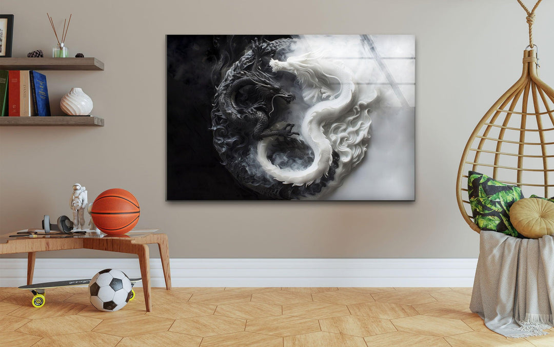 Monochrome dragon artwork on tempered glass featuring a dark and light dragon circling in a symbolic balance.