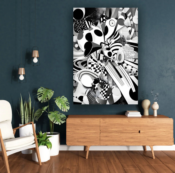 Complex monochrome abstract wall art on glass featuring circles, arcs, and textured geometric shapes.