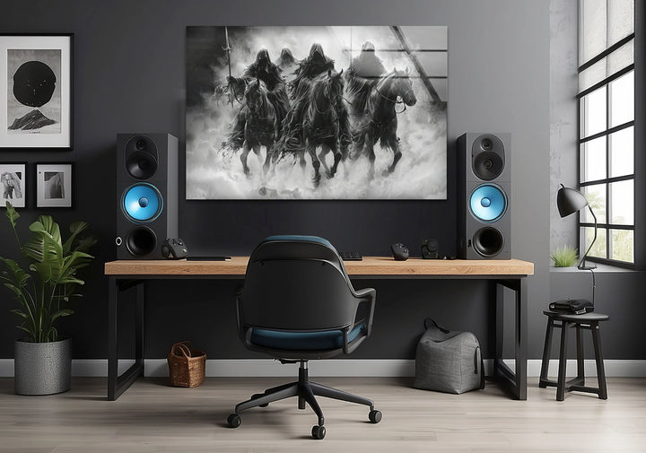 Dark fantasy-inspired black and white art of hooded riders galloping through fog on powerful horses.