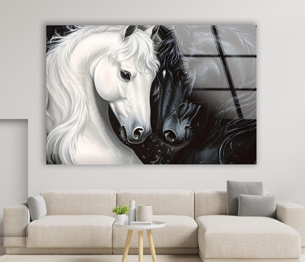 Monochrome horse artwork on tempered glass showing a white and black horse in an intimate pose.