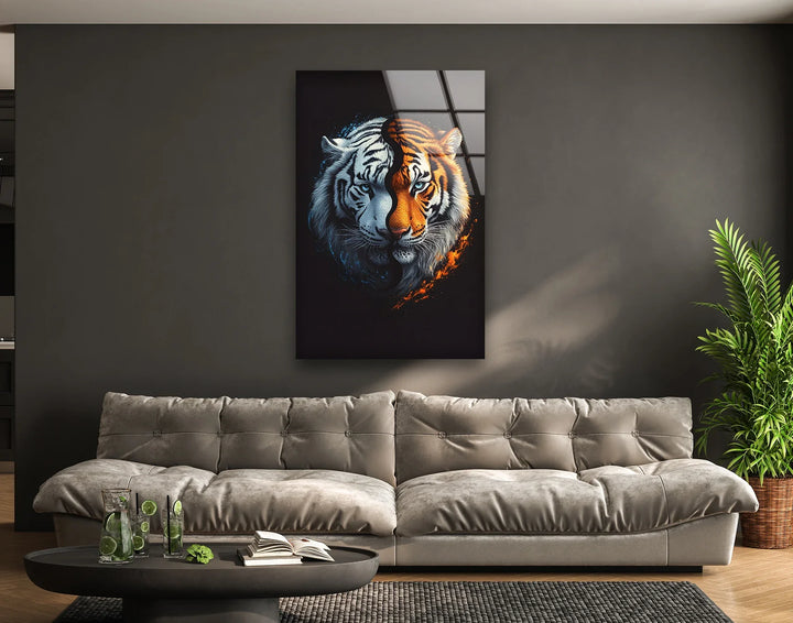 Abstract dual-toned tiger artwork on tempered glass showing a white tiger merging with a traditional orange tiger.