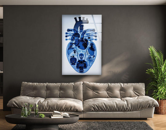 Hanging wall art showcases a striking visual rhythm with its intricate blue mechanical heart design.