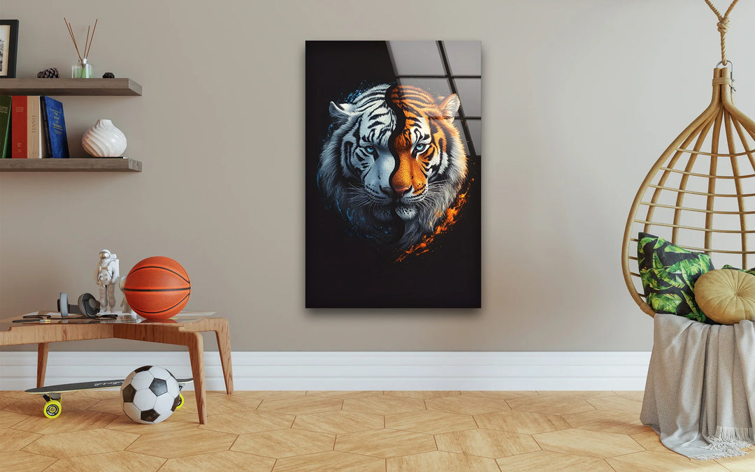 Modern dual-tone tiger print on glass highlighting the contrast between light and dark energies.