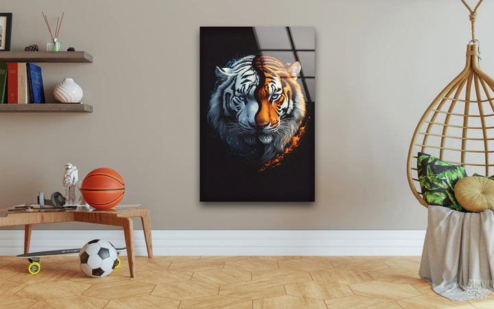 Modern dual-tone tiger print on glass highlighting the contrast between light and dark energies.