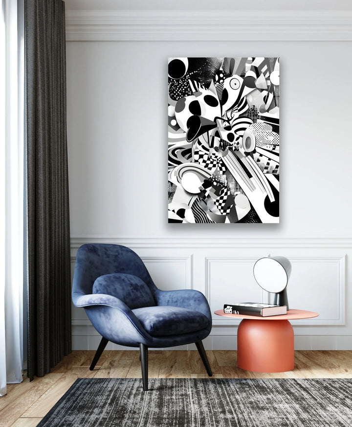 Complex monochrome composition on glass blending curves, checkerboard forms, and layered textures.