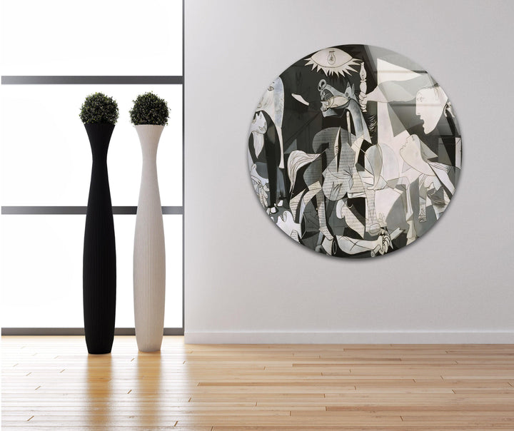 Black and white wall art on glass capturing a Guernica-like arrangement of fragmented figures and emotional intensity.
