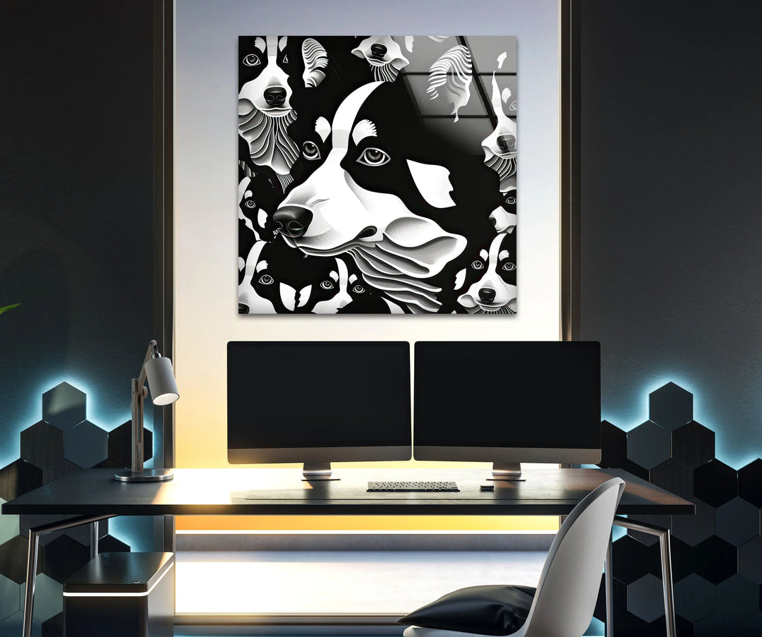 Artistic monochrome husky pattern displayed on tempered glass, creating a bold black and white wall art look.