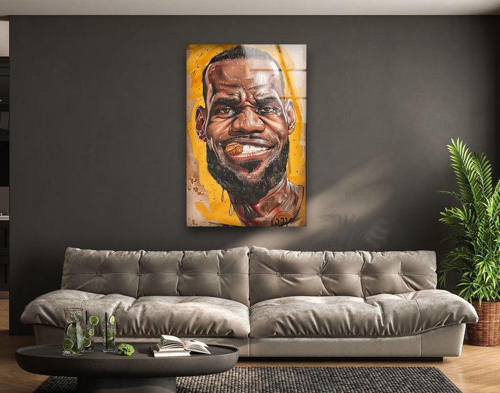 Lebron James Stained Glass Panels Designs-High-energy caricature-style basketball portrait printed on glossy glass wall art.