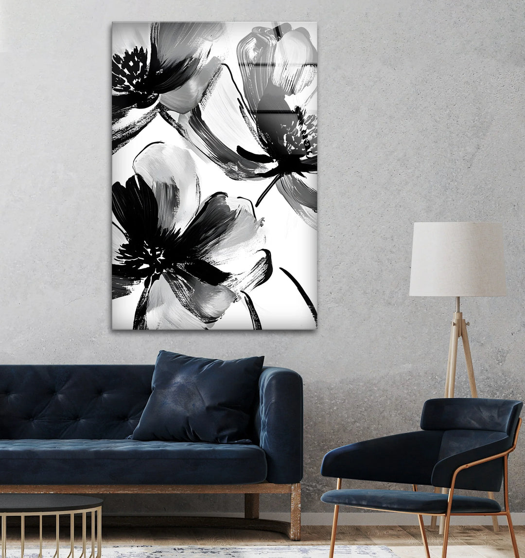 Striking floral composition in monochrome, adding sophistication to glass wall art decor.
