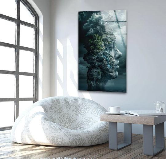 The softest element in this glass art painting is the fluffy cloud formation blending into a serene human silhouette.