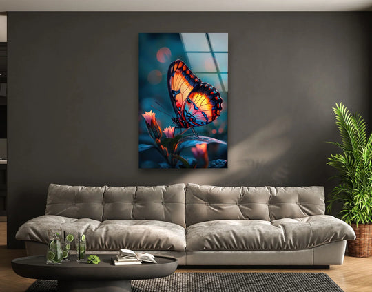 A stunning vividly colored butterfly glass wall art piece features a cool color temperature with warm highlights.