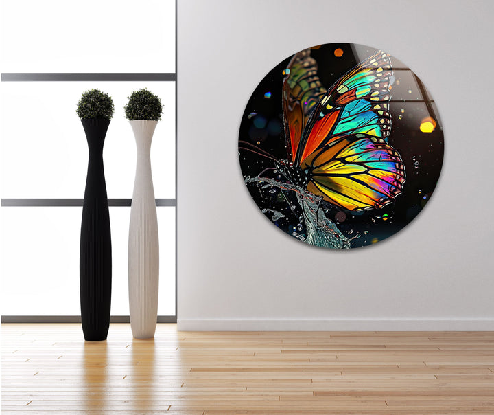 Red Yellow Butterfly Glass Wall Art glass art painting, glass art for the Wall
