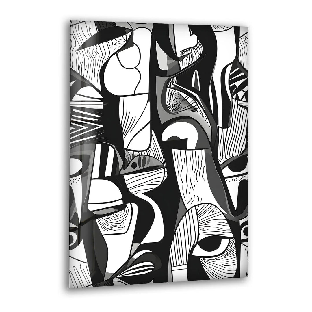 Contemporary monochrome abstract glass piece filled with expressive shapes and symbolic face elements.