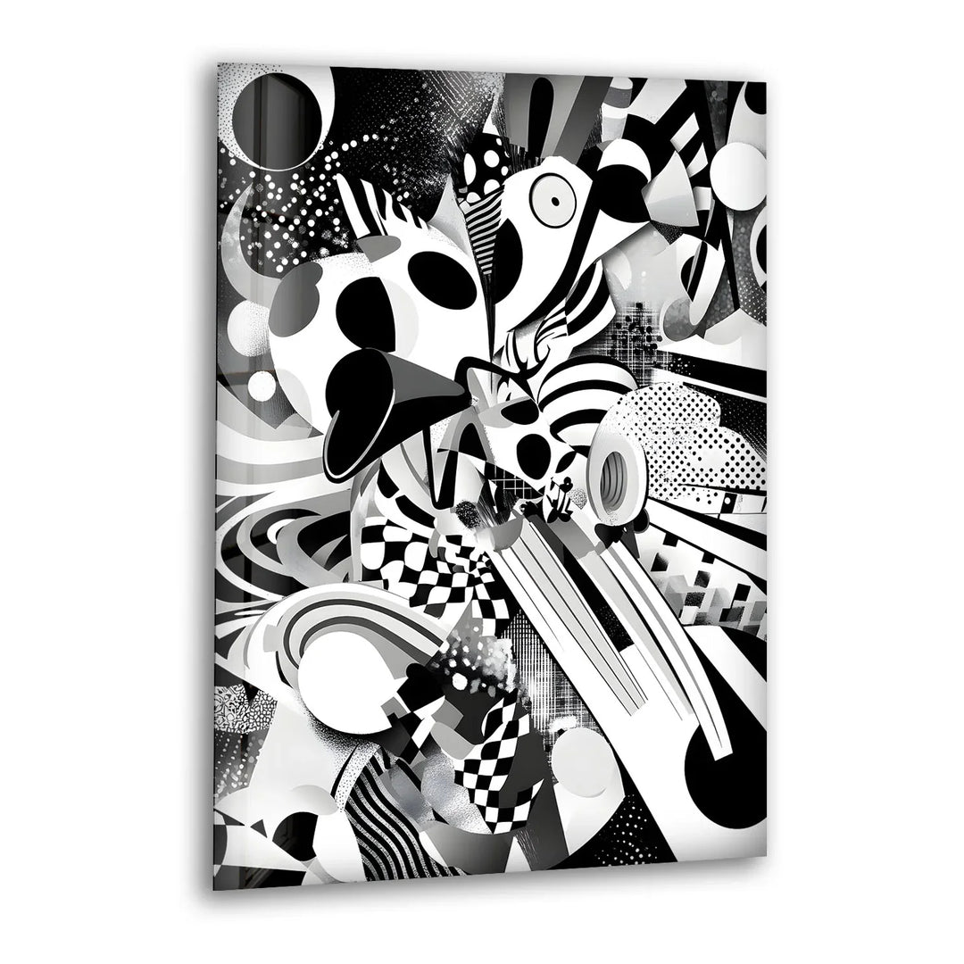Black and white glass wall art featuring an abstract collage of geometric shapes, bold curves, and dynamic patterns.
