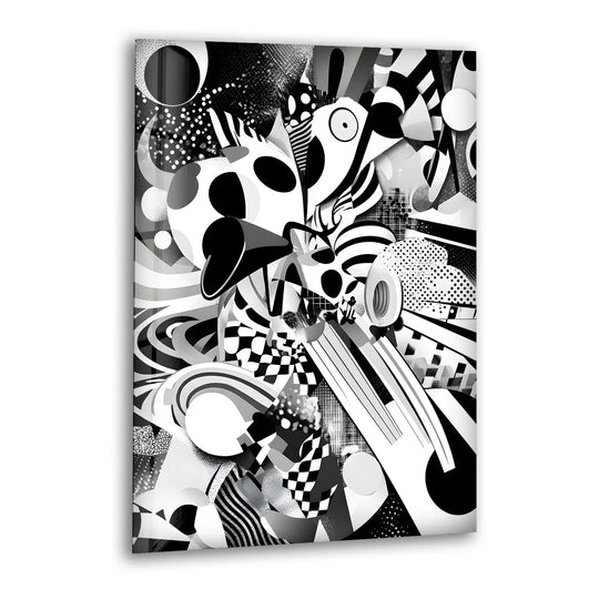 Black and white glass wall art featuring an abstract collage of geometric shapes, bold curves, and dynamic patterns.