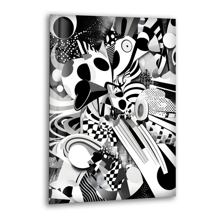 Black and white glass wall art featuring an abstract collage of geometric shapes, bold curves, and dynamic patterns.