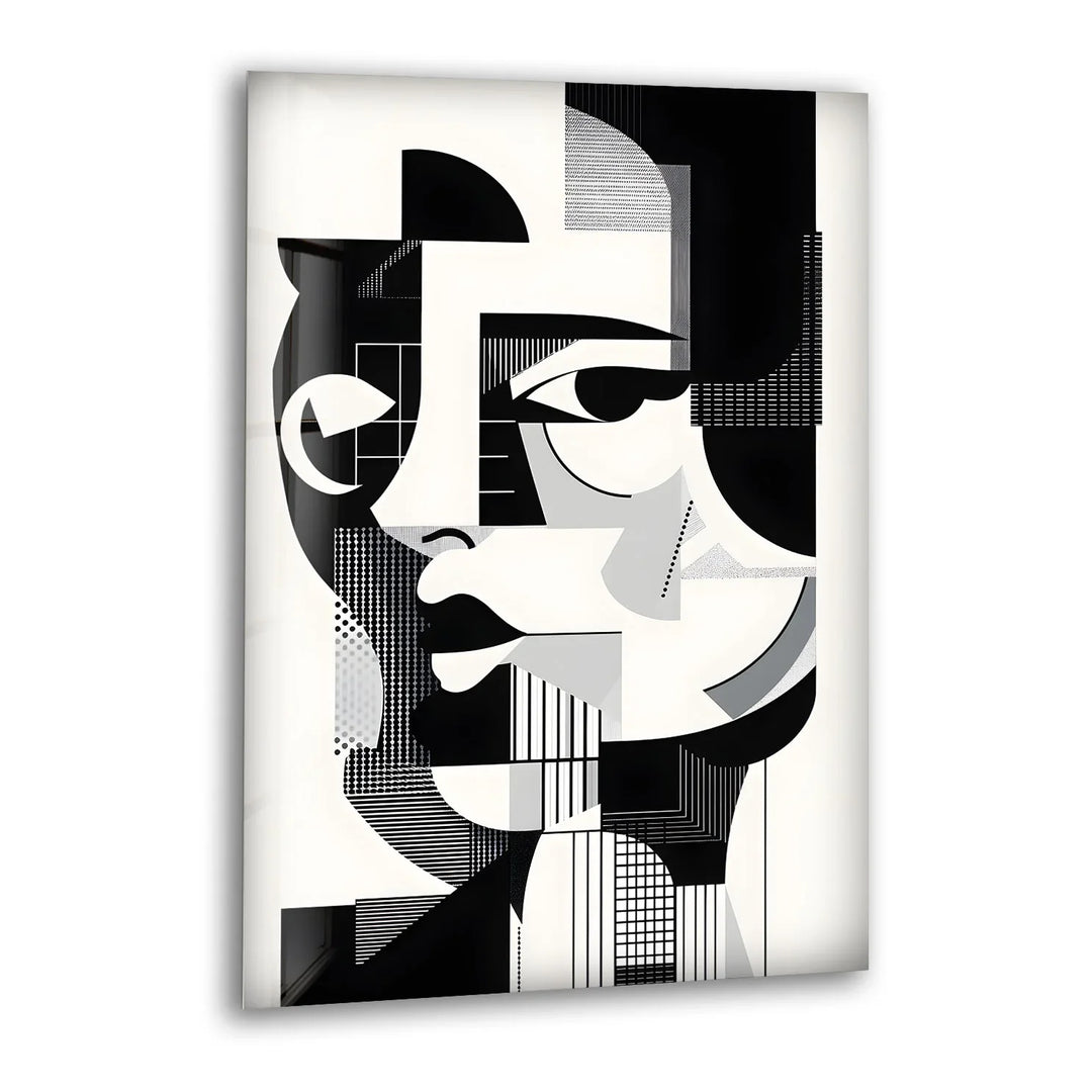Monochrome abstract face artwork on tempered glass showing stylized feminine features in cubist form.