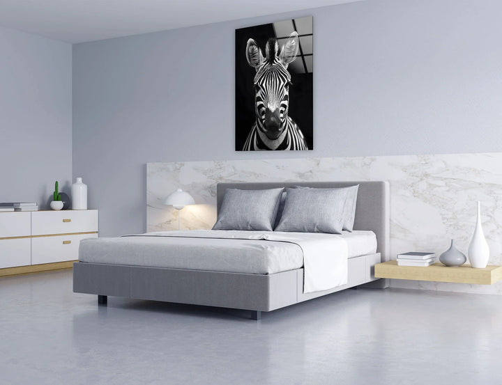 Monochrome zebra face printed on tempered glass highlighting sharp stripe contrast and texture.
