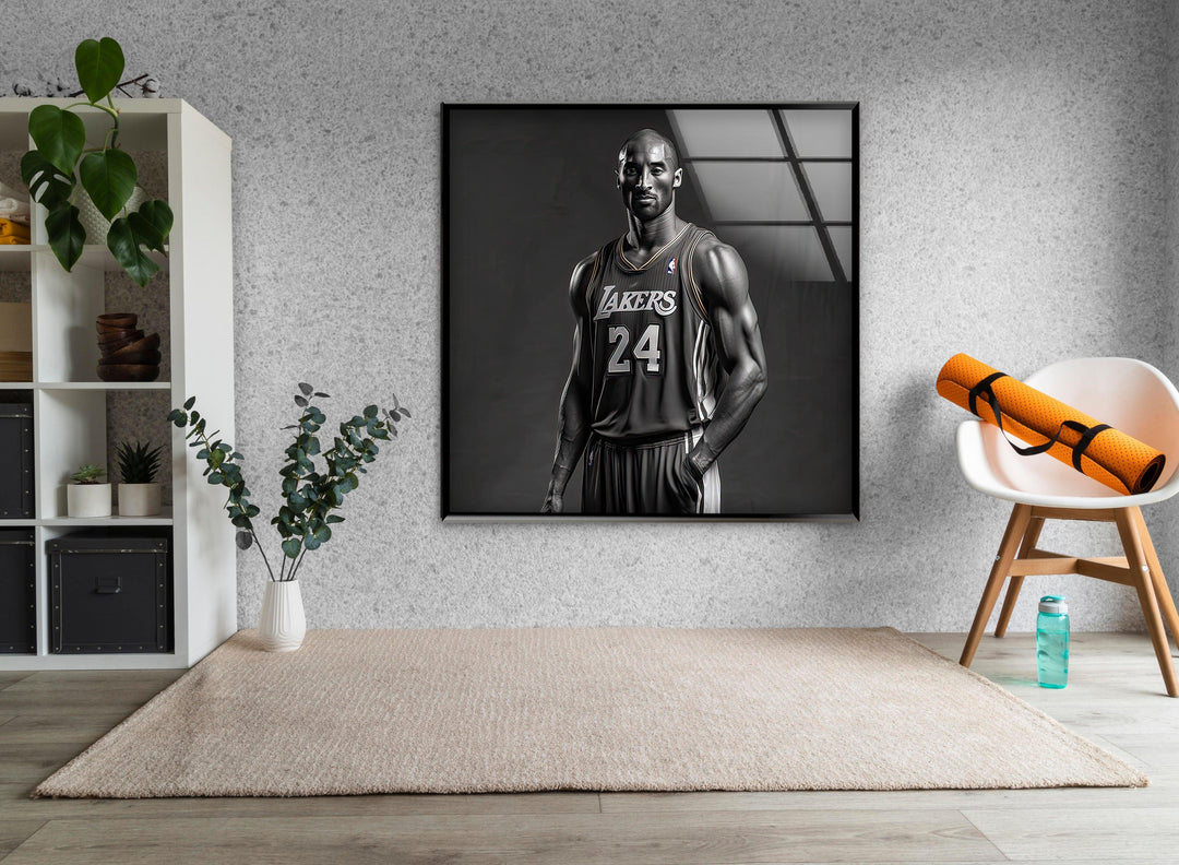 Black and white glass art featuring a poised basketball athlete dressed in Lakers attire.