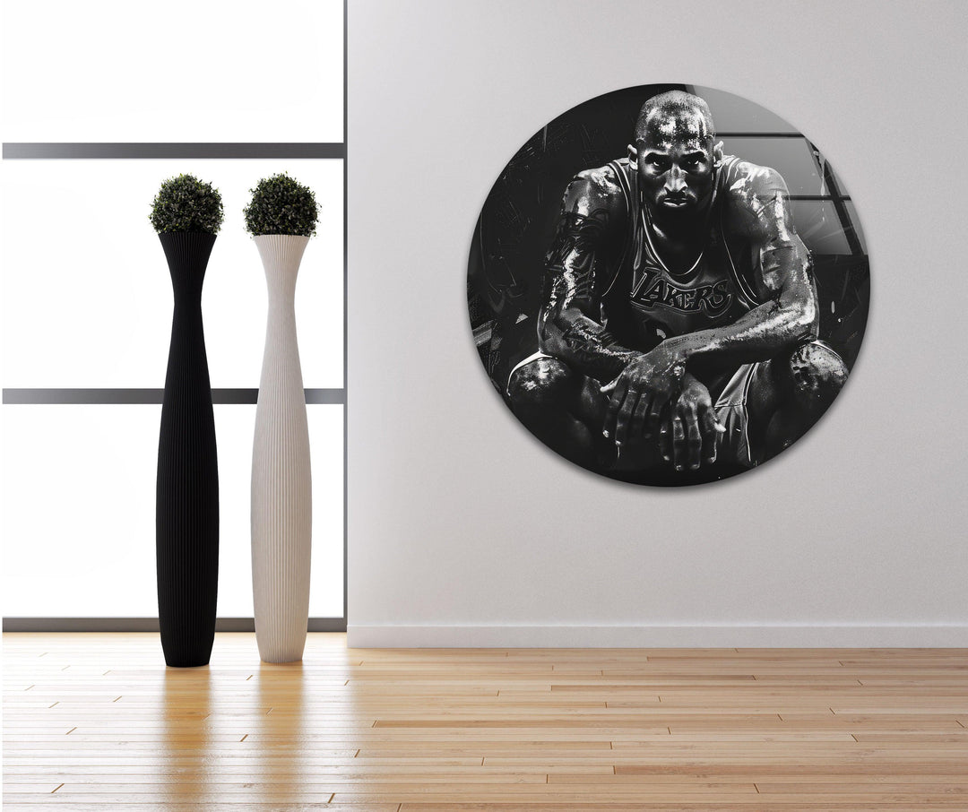 High-contrast black and white glass wall art portraying a focused basketball player with bold abstract textures.