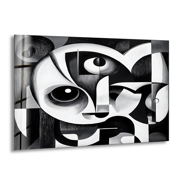 Black and white glass wall art featuring an abstract cubist face with bold geometric shapes and expressive eyes.