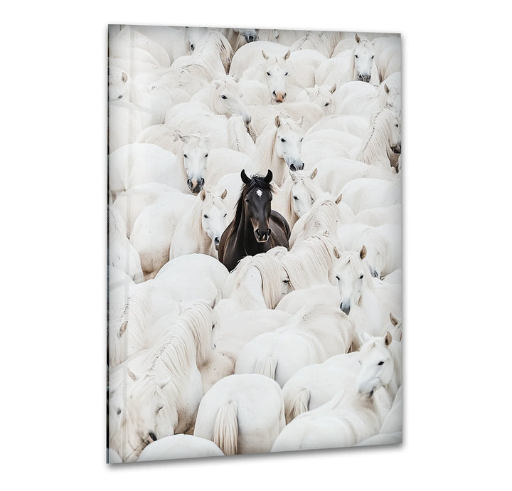 Black and white glass wall art featuring a lone dark horse standing among a large herd of white horses.