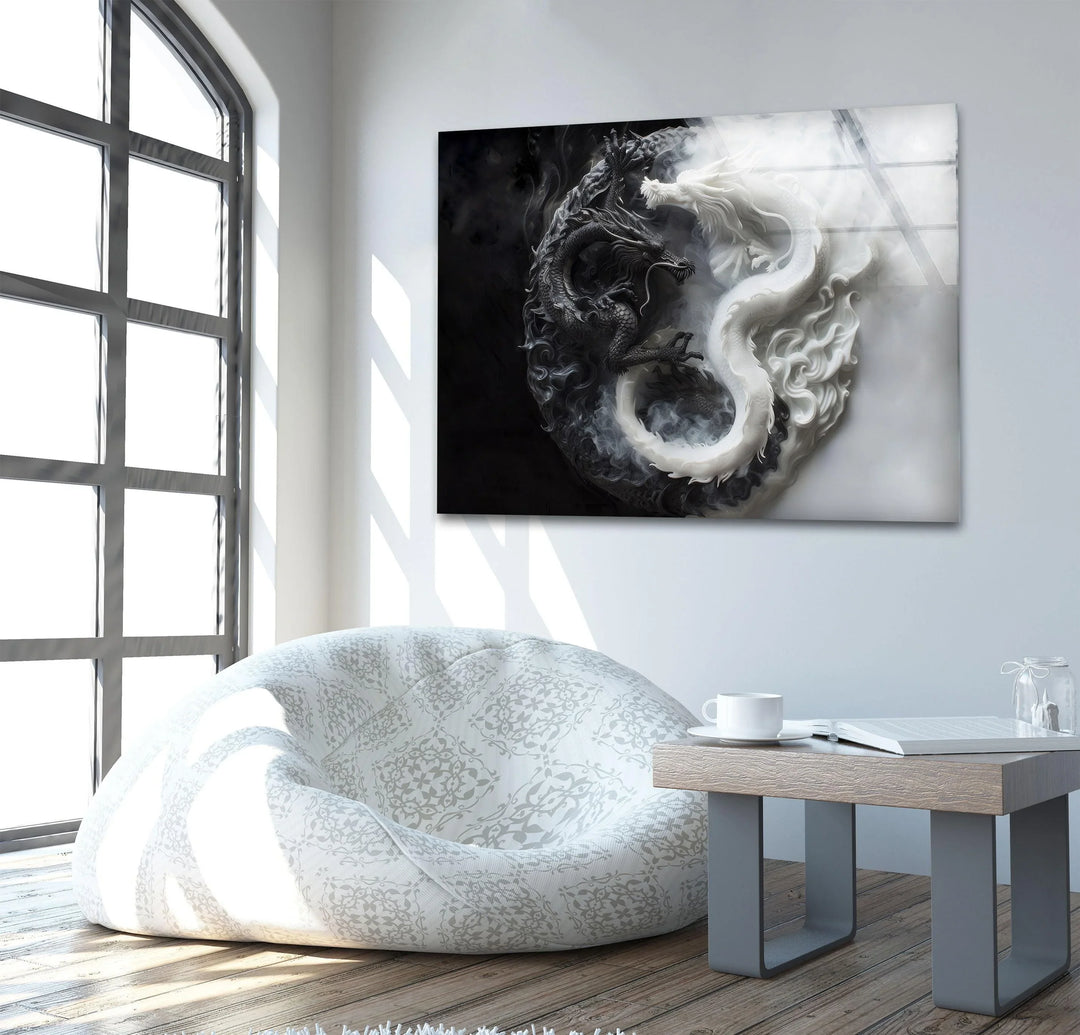 Detailed monochrome dragons on glass wall art coiled together in a symbolic circular motion.