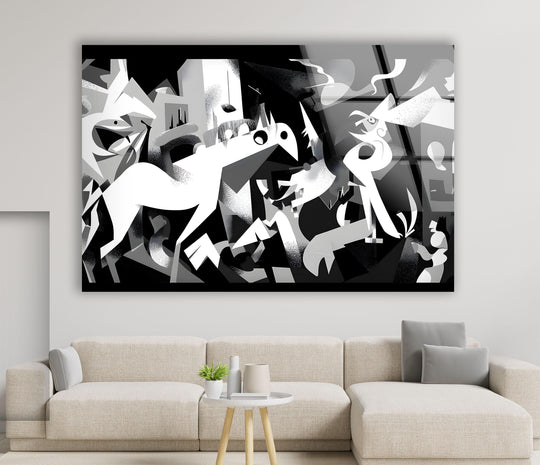 Monochrome abstract artwork on tempered glass with stylized horses and fragmented geometric shapes.