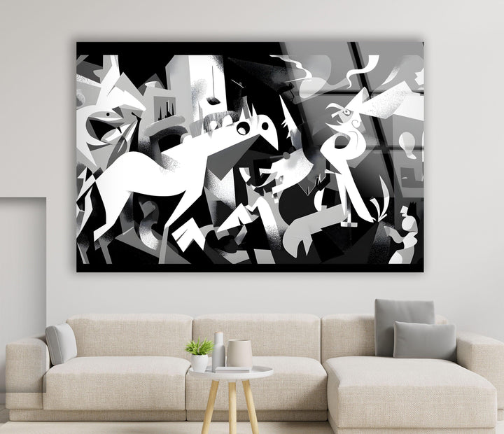 Monochrome abstract artwork on tempered glass with stylized horses and fragmented geometric shapes.