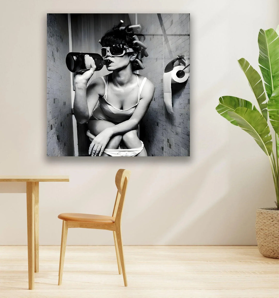 Grayscale humorous artwork depicting a confident woman in curlers and sunglasses seated in a restroom scene.