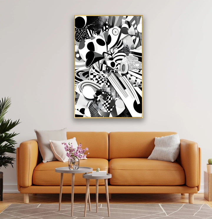Bold monochrome abstract glass wall art filled with mixed geometric motifs and graphic contrasts.
