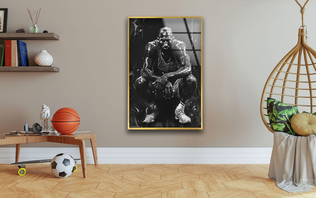 Grunge-style monochrome basketball artwork on glass portraying an athlete with bold abstract shading.