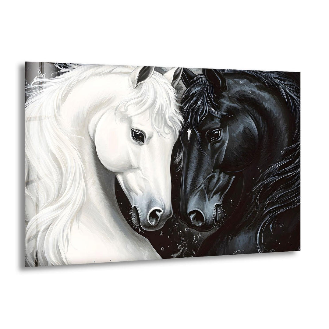 Black and white glass wall art featuring two horses facing each other with detailed contrasting coats.